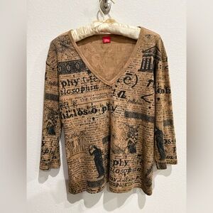 Vintage Glima Y2K Philosophy Graphic Top V-Neck 3/4 Sleeve Renaissance Print, Lg